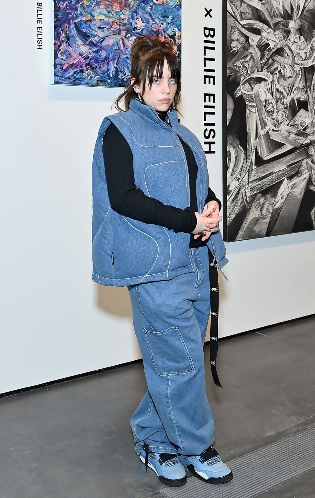 Billie Eilish In Blue Denim Baggy Jacket With Pants At “Artists Inspired by Music: Interscope Reimagined” Art Exhibit in LA