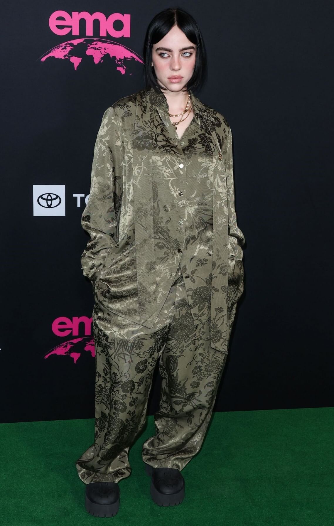Billie Eilish In Olive Green Printed Baggy Shirt With Pants At Environmental Media Association Awards Gala LA