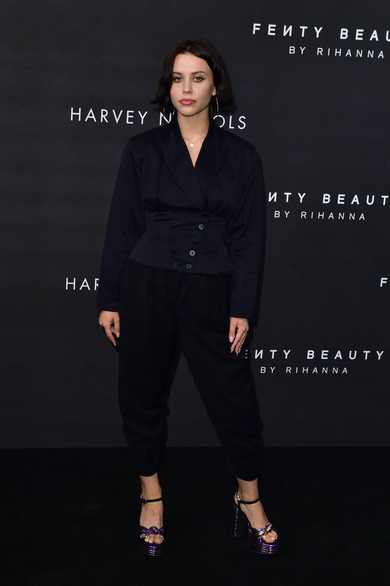 Billie JD Porter  In Black In Blazer Style Top With Pants At Fenty Beauty by Rihanna, London