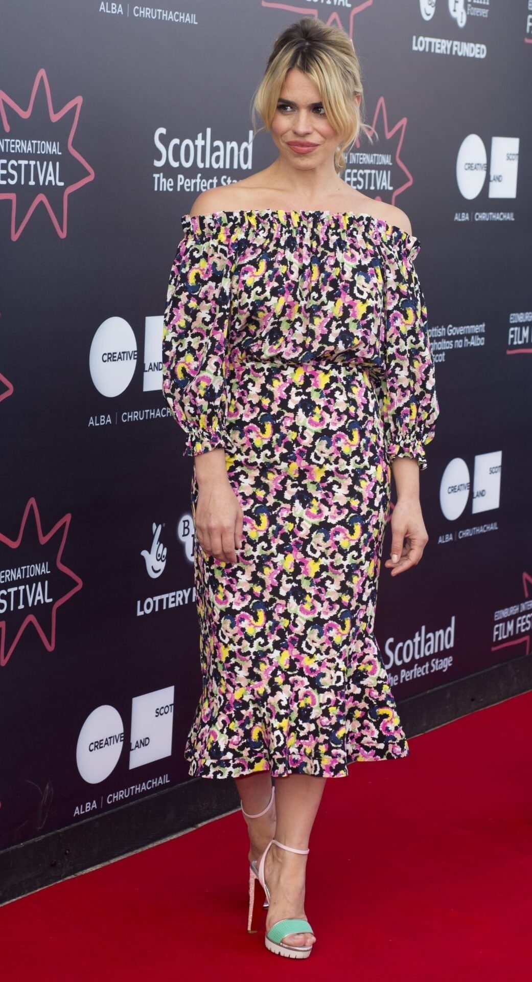 Billie Piper  In Printed Off Shoulder Full Sleeves Ruffle Dress At “Two for Joy” Premiere at EIFF in Edinburgh
