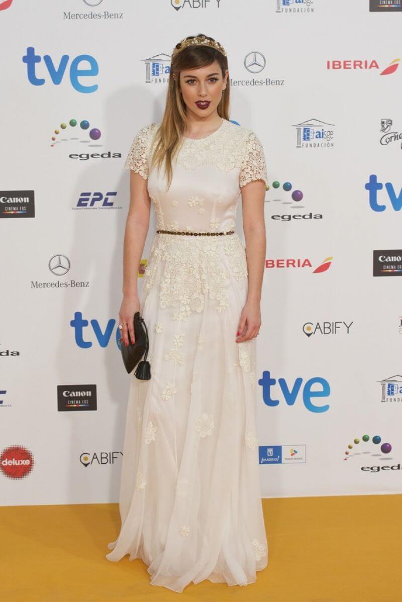 Blanca Suarez In White Net Fabric Floral Embroidery  Long Gown At Jose Maria Forque Awards in Madrid