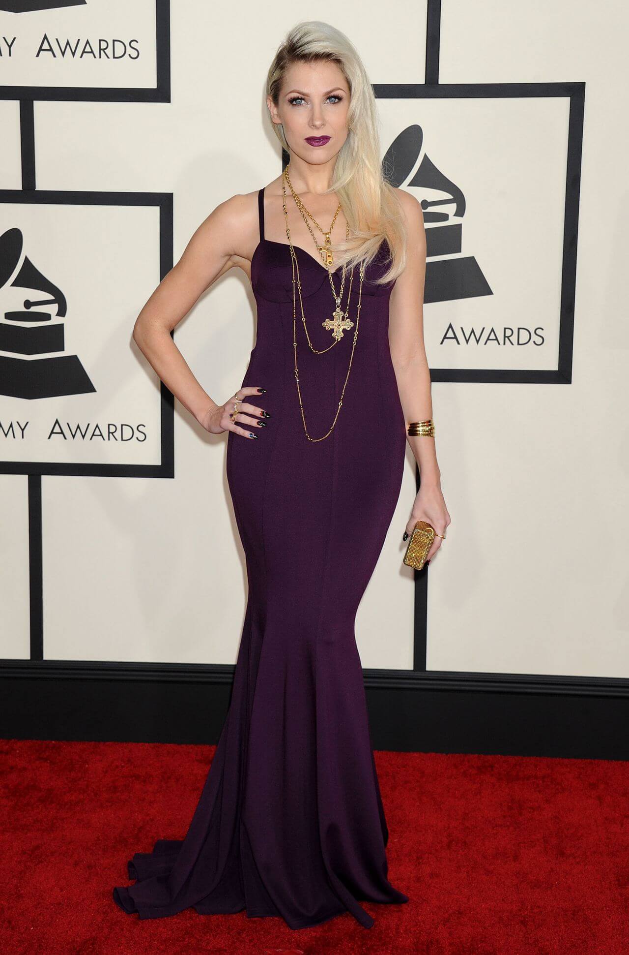 Bonnie McKee In Dark Purple Strap Sleeves Mermaid Gown Dress At Grammy Awards in Los Angeles
