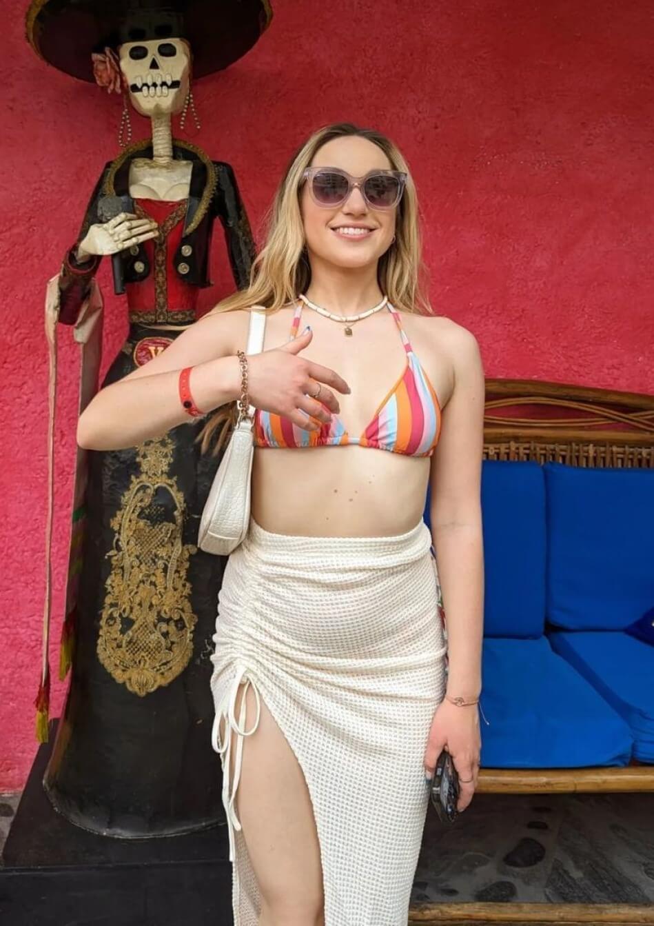Brady Reiter Gorgeous Looks In Multicolor Bralette With Slit Cut Long Skirt Outfit