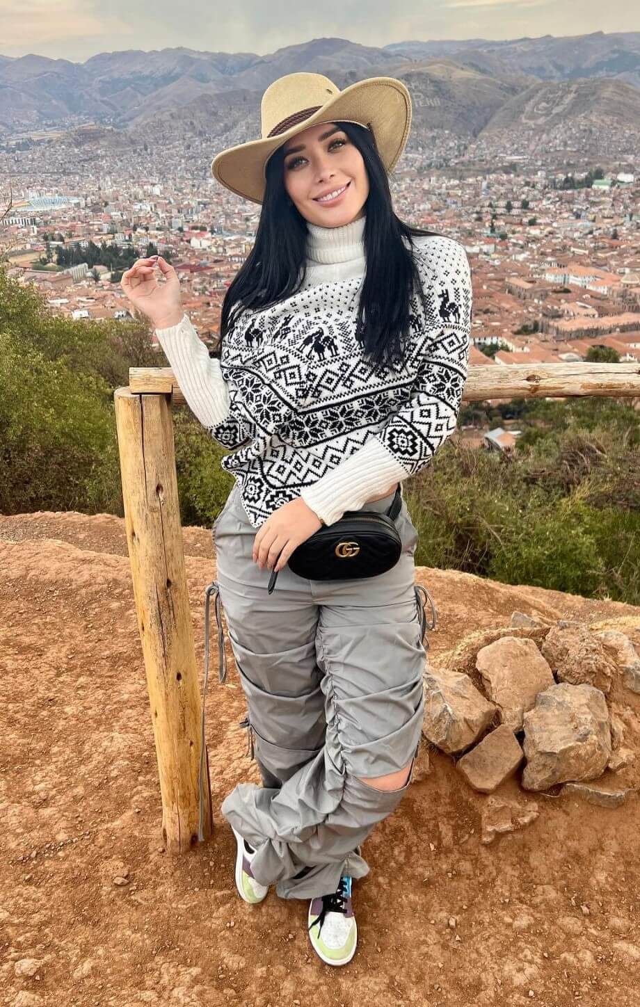 Brenda Zambrano In Off White Full Sleeves Printed High Neck Sweater With Grey Pants
