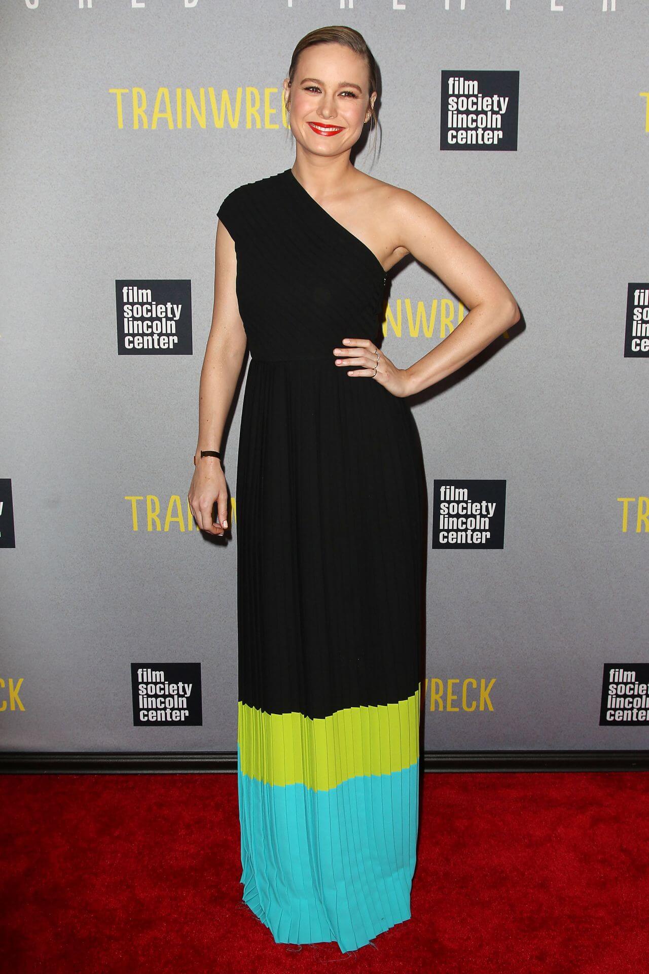 Brie Larson  In Black & Multicolor Shades Asymmetrical Sleeves Long Dress At ‘Trainwreck’ Premiere in New York City