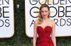 Brie Larson  In  Hot Red Strapless Sweetheart Neck Long Flare Gown At Golden Globe Awards in Beverly Hills