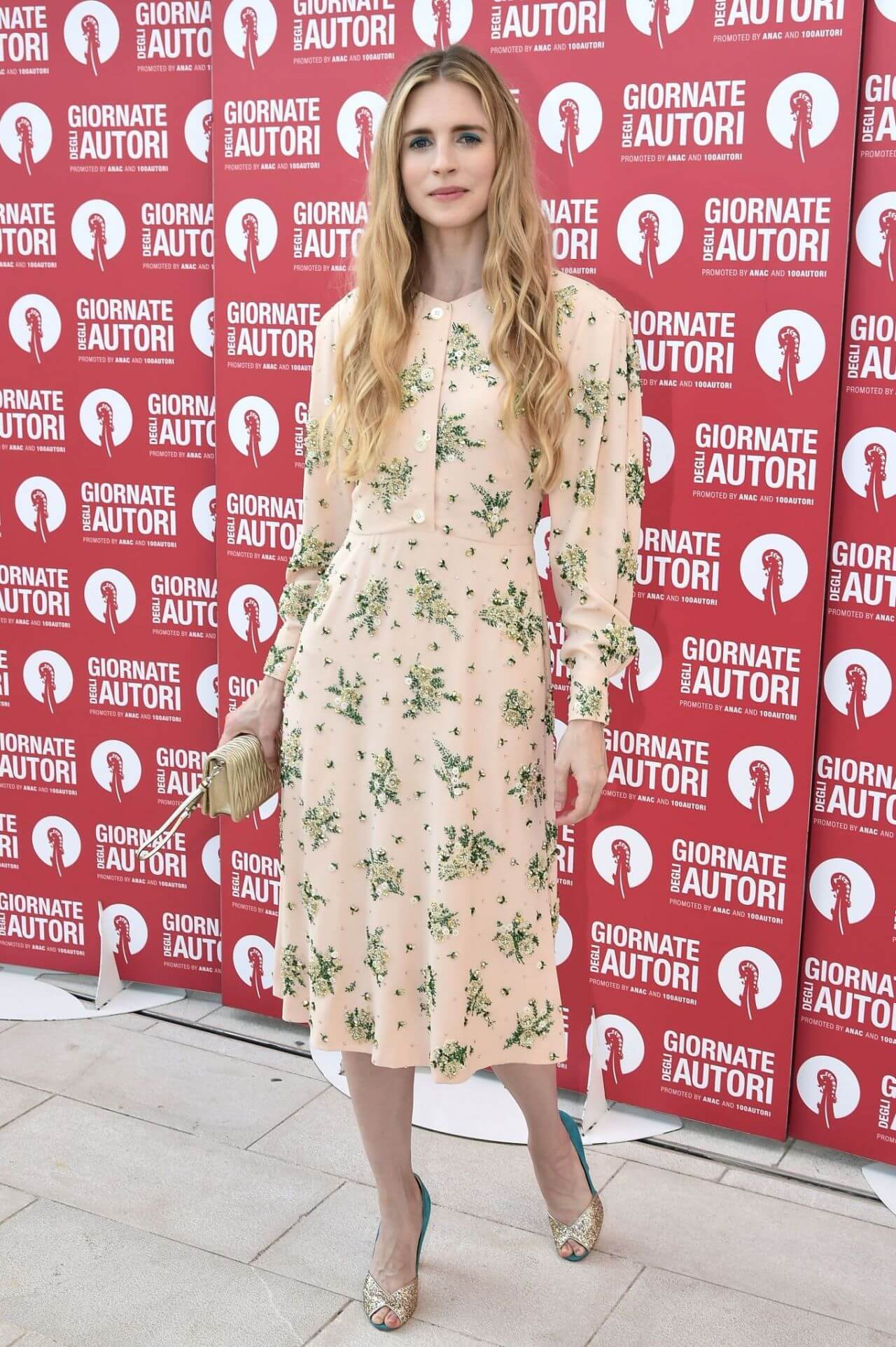 Brit Marling In Off White Embroidery Patchwork Gown Dress At Miu Miu Photocall 76th Venice Film Festival