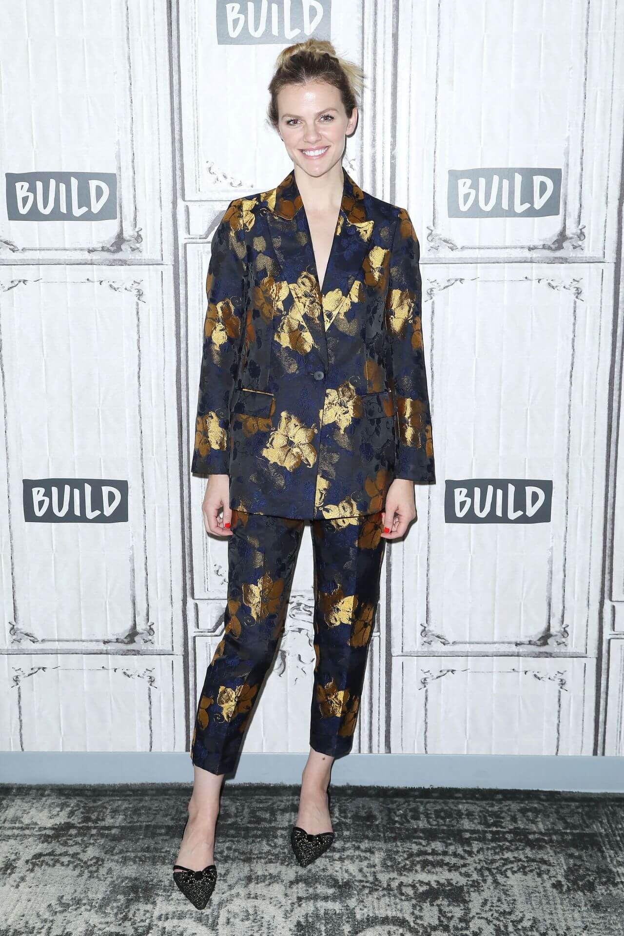 Brooklyn Decker In Blue Golden shimmery Patchwork Pants & Blazer outfit At BUILD Speaker Series in NYC