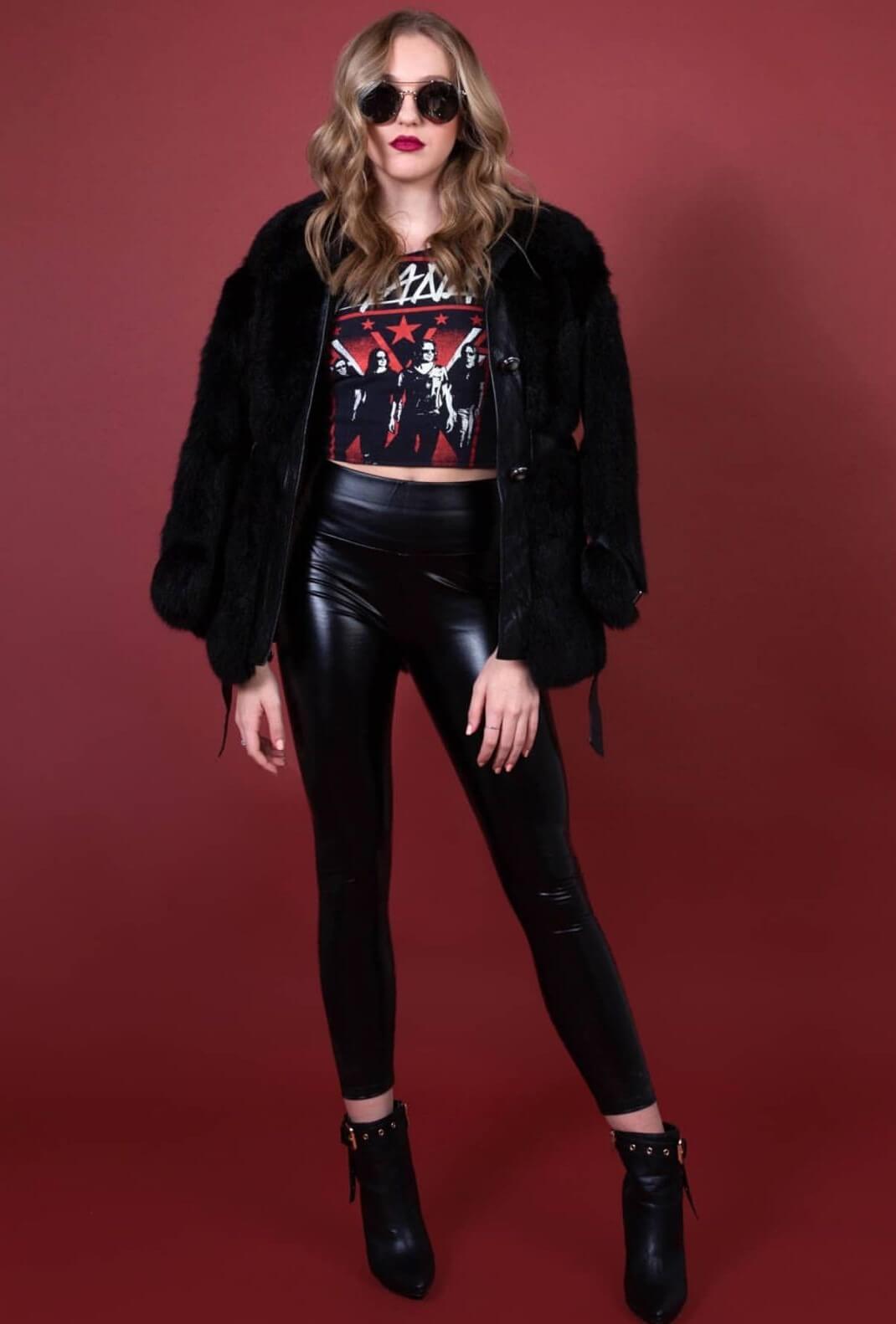 Brynn Rumfallo In Black Bomber Jacket Under T-shirt With Shiny Leather Pants