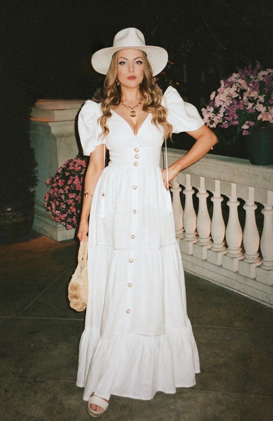 Elizabeth Gillies Documented A Stunning Look Featuring Her White Maxi Dress
