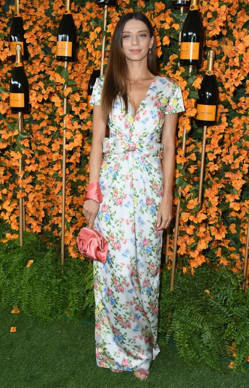 Angela Sarafyan  In White Colorful Floral Printed Half Sleeves Long Dress At Veuve Clicquot Polo Classic in LA