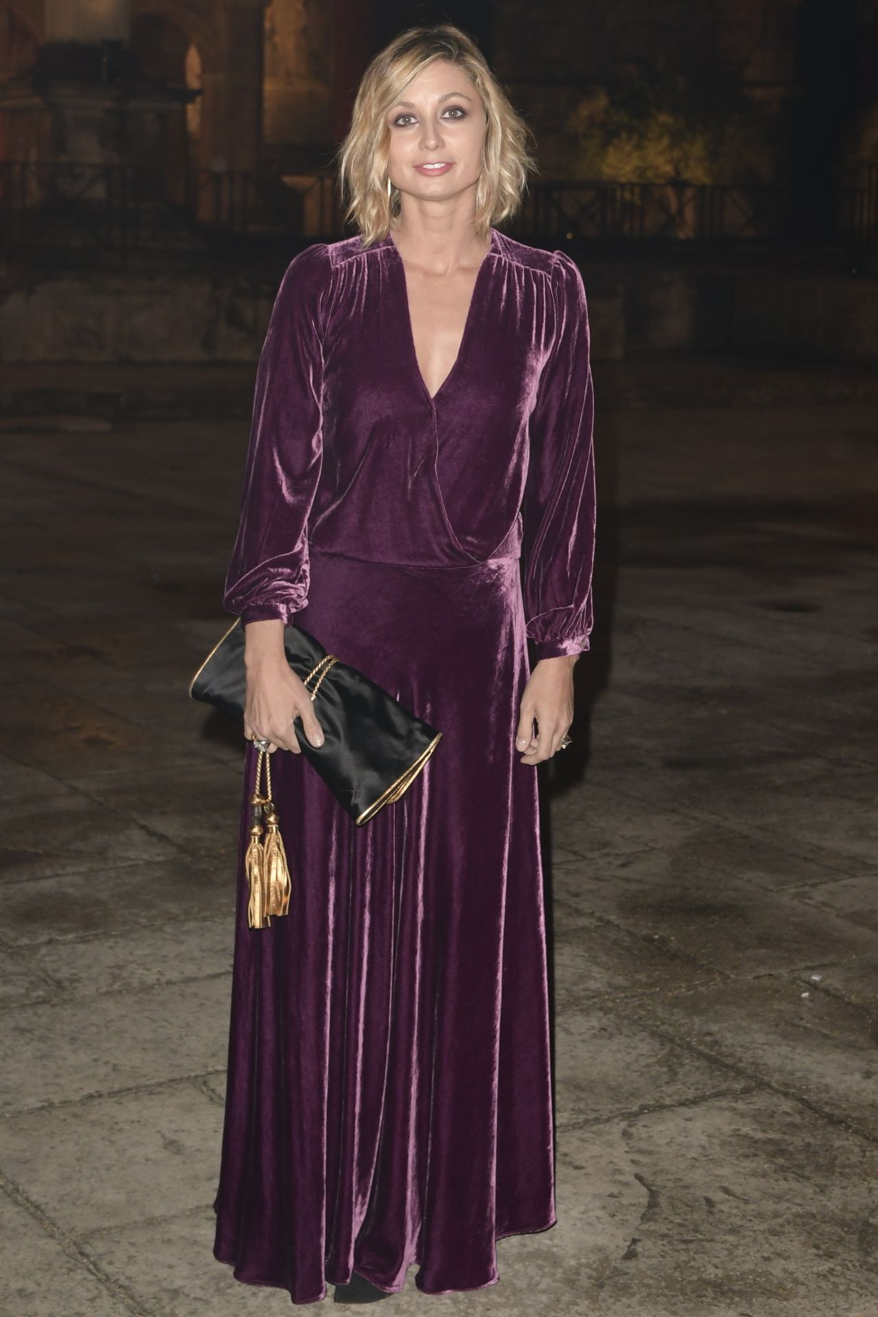 Anna Ferzetti  In Purple Velvet V Neck Baggy Sleeves Long Maxi Dress