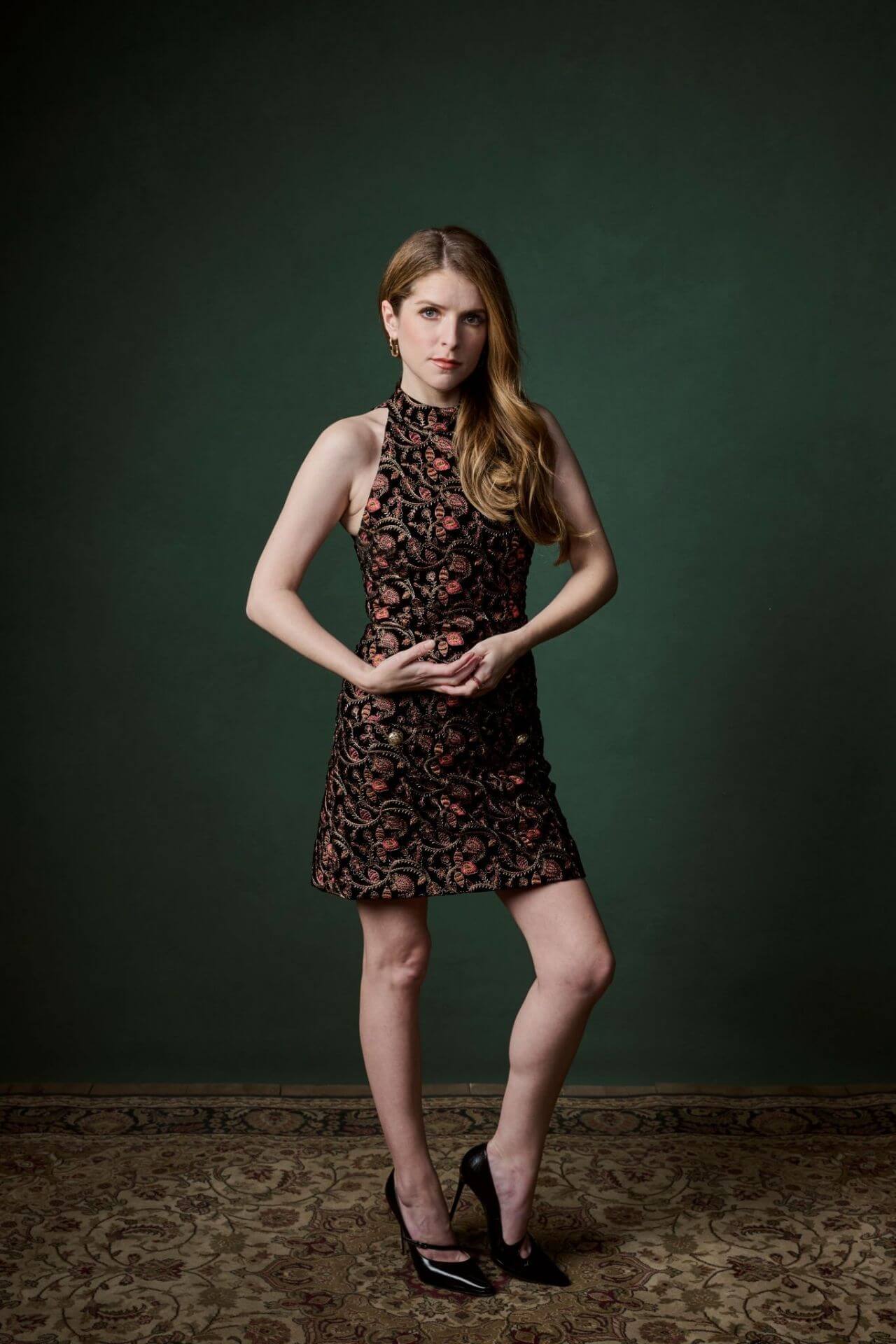Anna Kendrick  In Black Halter Neck Embroidery Short Dress With Blonde Hair At TIFF Portraits September