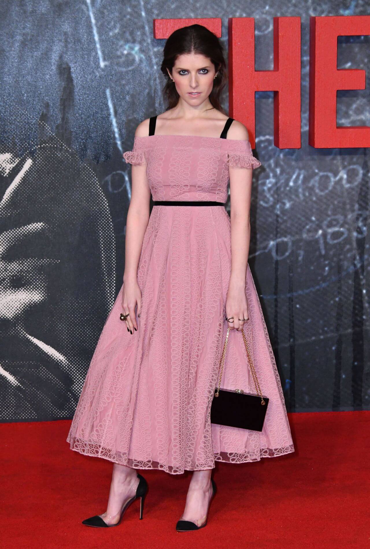 Anna Kendrick  In Dusky Pink Net Fabric Off Shoulder Long Flare Gown At ‘The Accountant’ Premiere in London