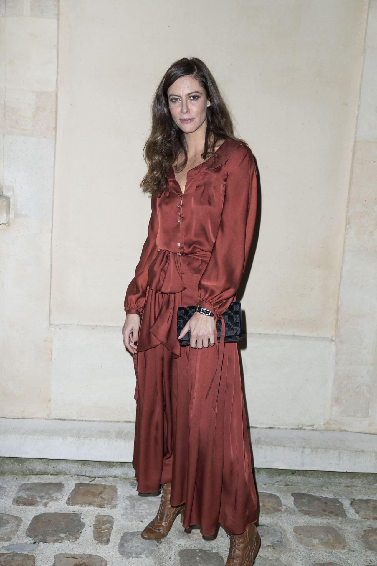 Anna Mouglalis  In Brown Baggy Sleeves Satin Ruffle Dress At Chanel “Code Coco” Watch Launch Party in Paris