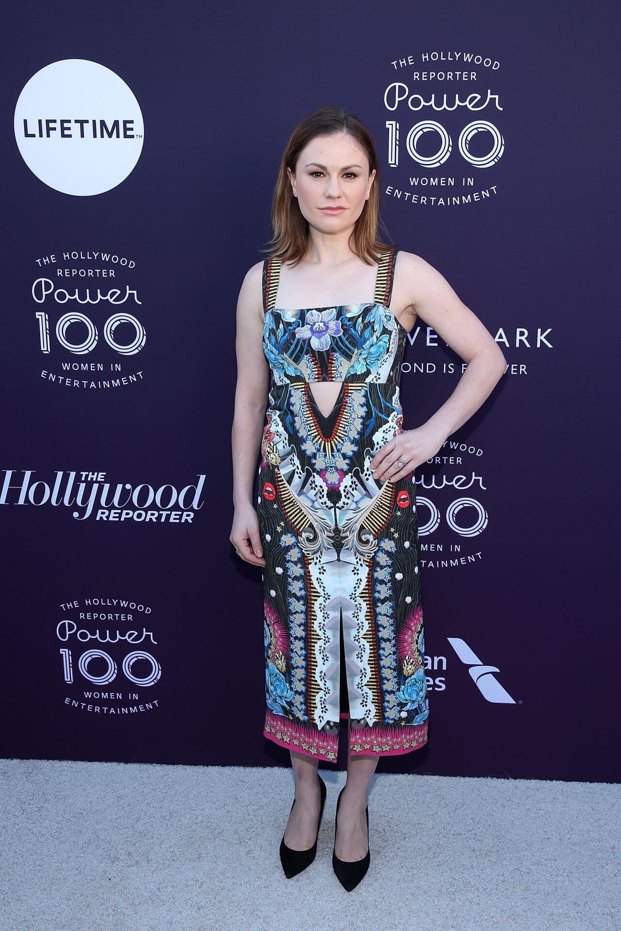 Anna Paquin In Floral Embroidery Strap Sleeves Slit Cut Long Dress At THR’s  Women In Entertainment Breakfast in LA