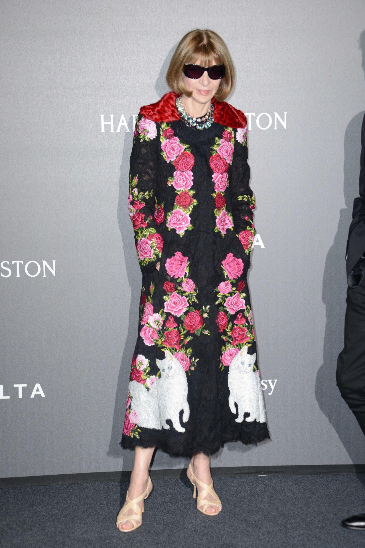 Anna Wintour In Black Floral Embroidery Full Sleeves Cardigan Outfits At amfAR Gala Milano Red Carpet in Milan, Italy