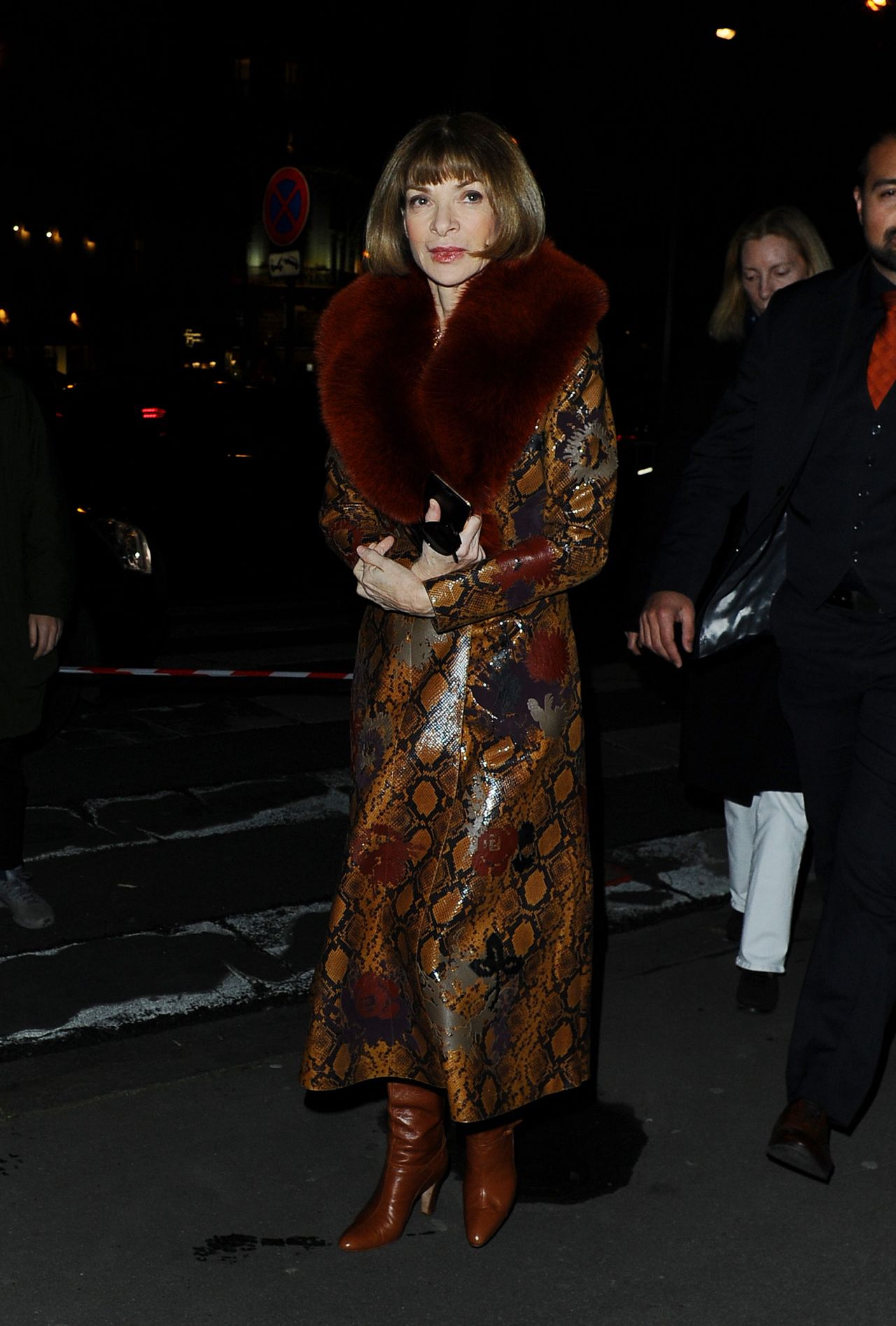 Anna Wintour In Shimmery Printed Fabric  Long Dress With Fur At Paris