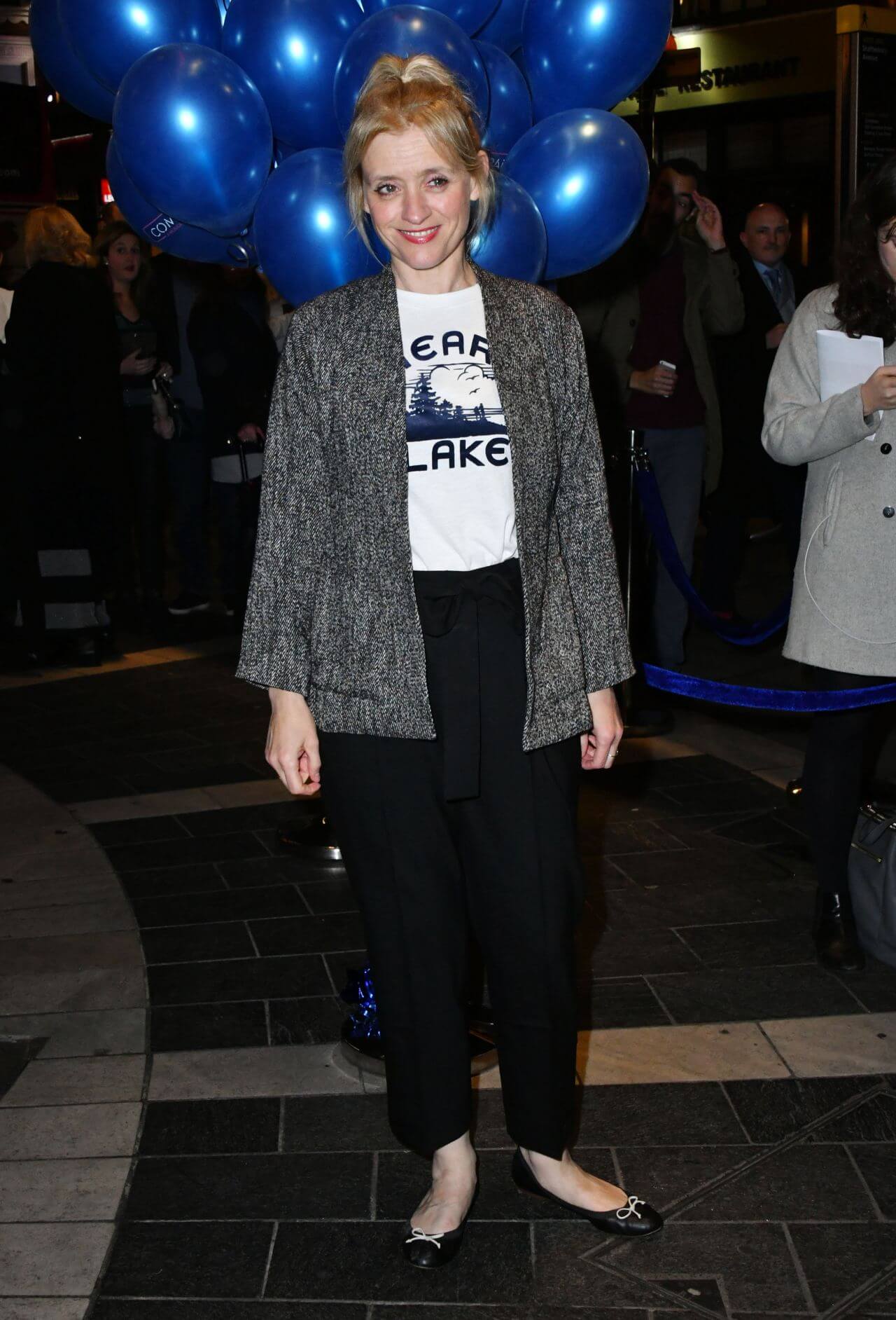 Anne-Marie Duff In White T-Shirt & Black Pants With Grey Jacket At “Company” Party Press Night in London