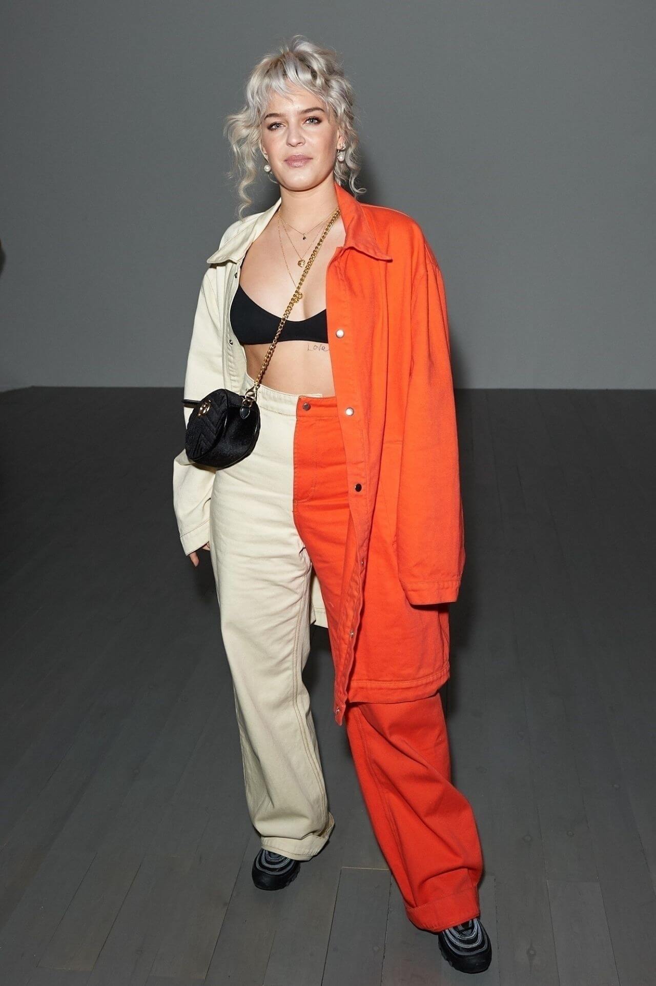 Anne-Marie In Dual Shade Orange And Off White Fabric Long Shirt & Pants With Black Sling Bag