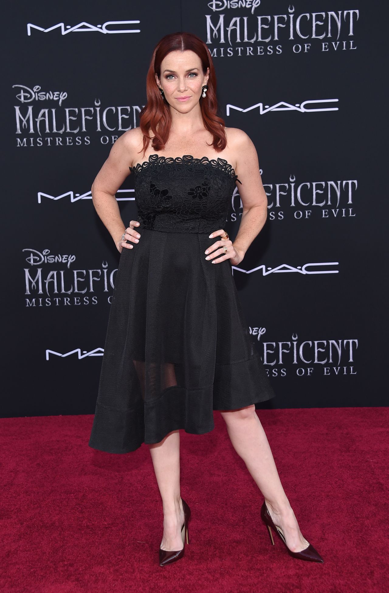 Annie Wersching  In Black Strapless Net Fabric Gown Dress At “Maleficent: Mistress of Evil” Premiere in LA