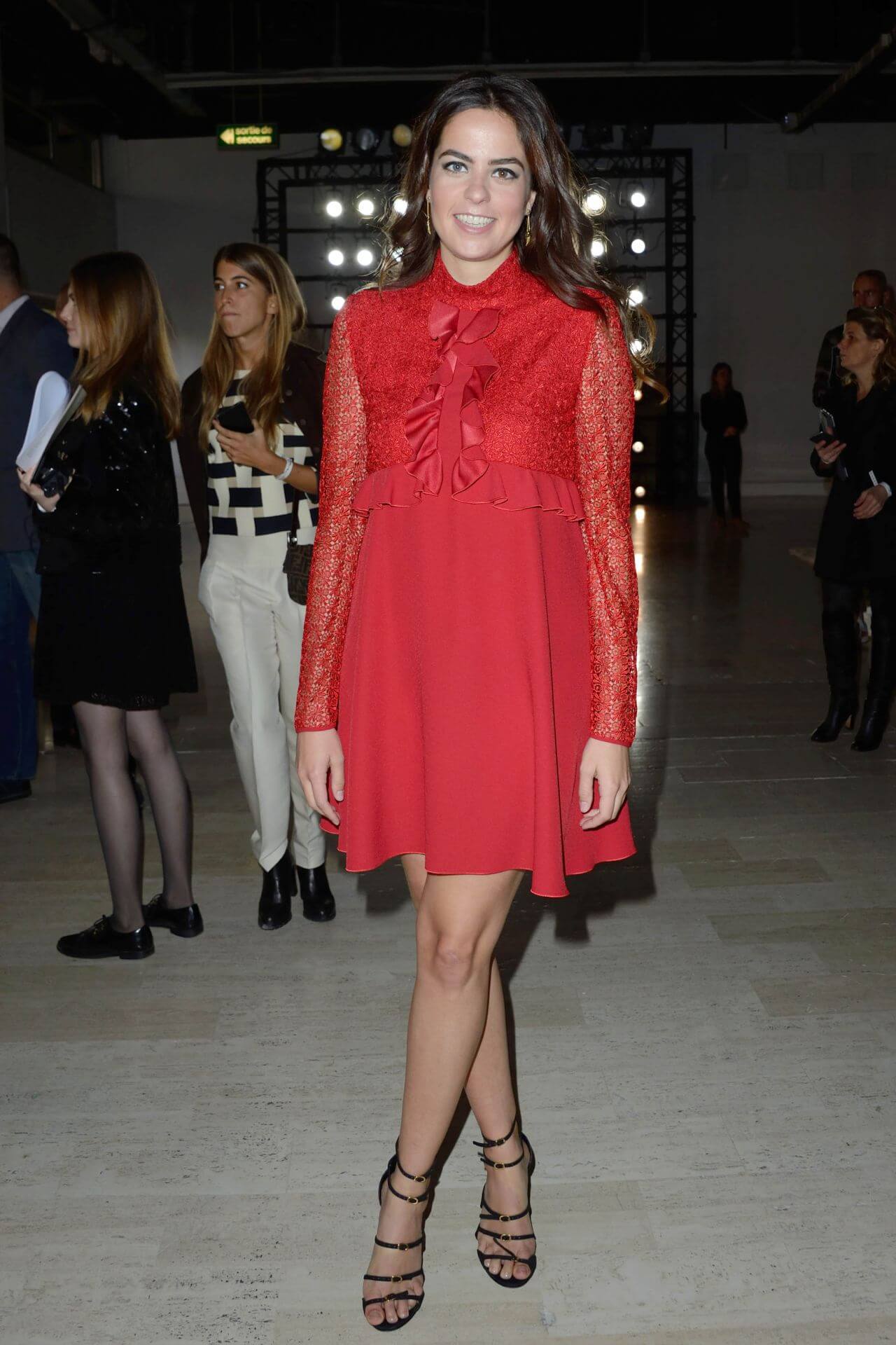 Anouchka Delon In Red Lace Design Net Sleeves Short Gown At Giambattista Valli Show in Paris