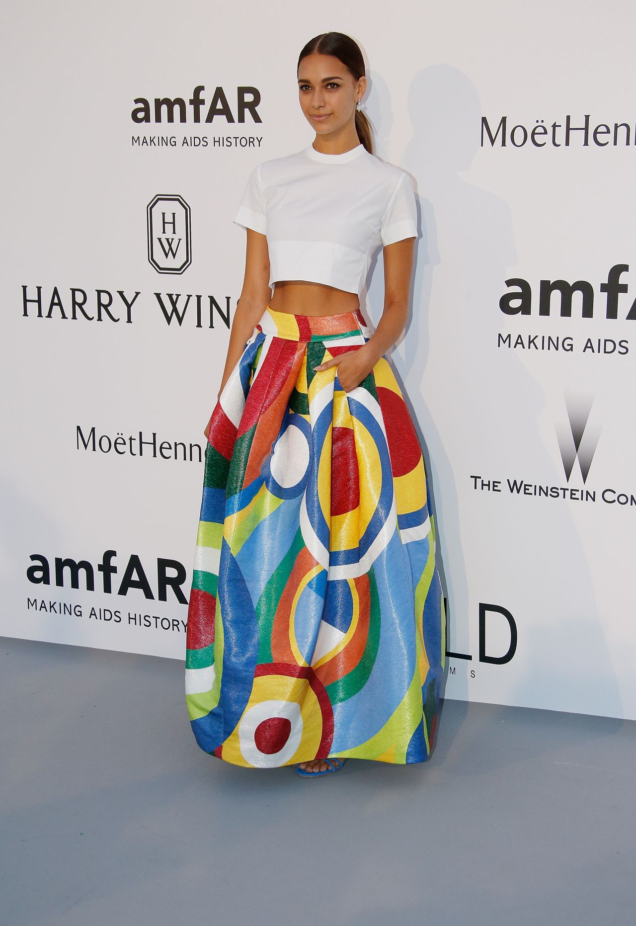 April Love Geary In White Half Sleeves Crop Top With Multicolor Printed Flare Long Skirt Outfits