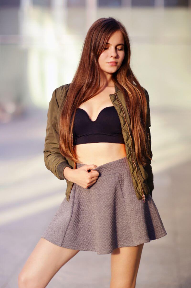 Ariadna Majewska In Black Bralette & Woven Mini Skirt With Jacket Outfits