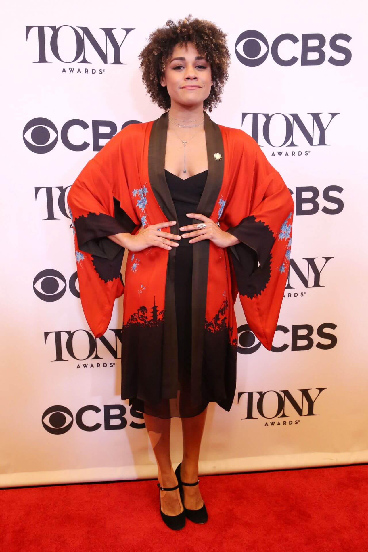 Ariana DeBose In Black Sheering One Piece With Orange Baggy Sleeves Shrug At Tony Awards Nominees Photocall
