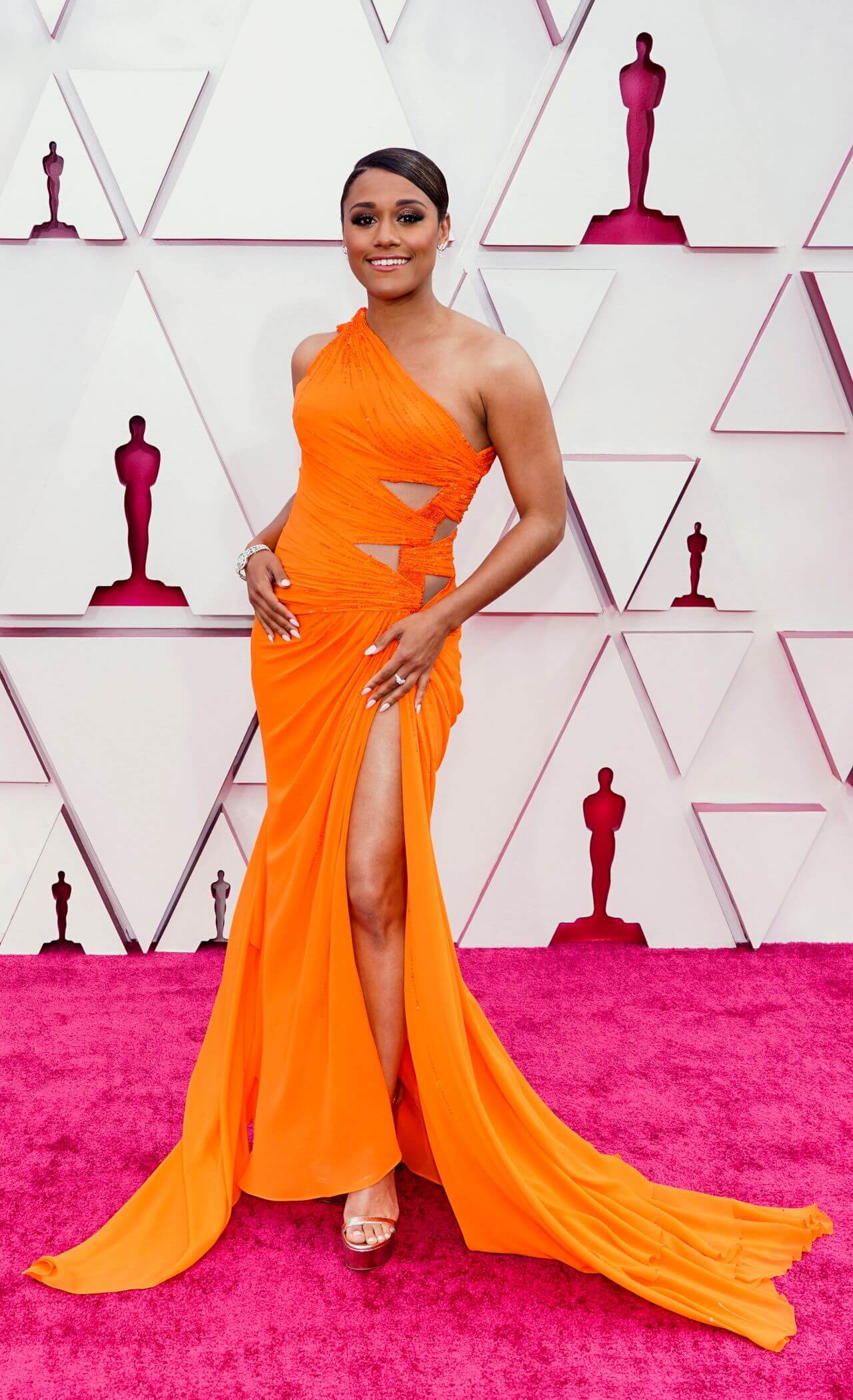 Ariana DeBose In Orange One Side Strapless Slit Cut Out Long Flare Dress At Academy Awards