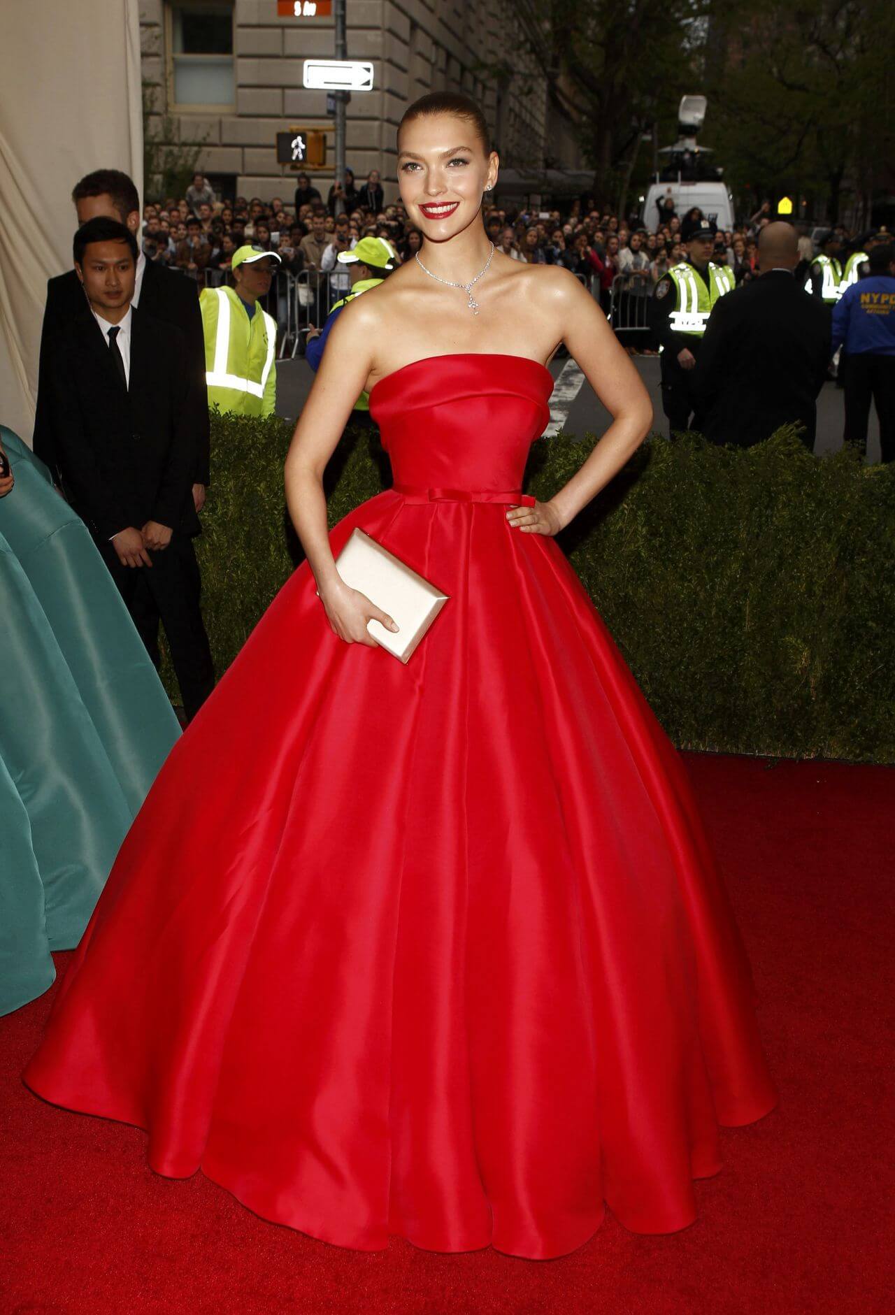 Arizona Muse In Red Strapless Pleated Ball Gown At ‘Charles James: Beyond Fashion Costume Institute Gala