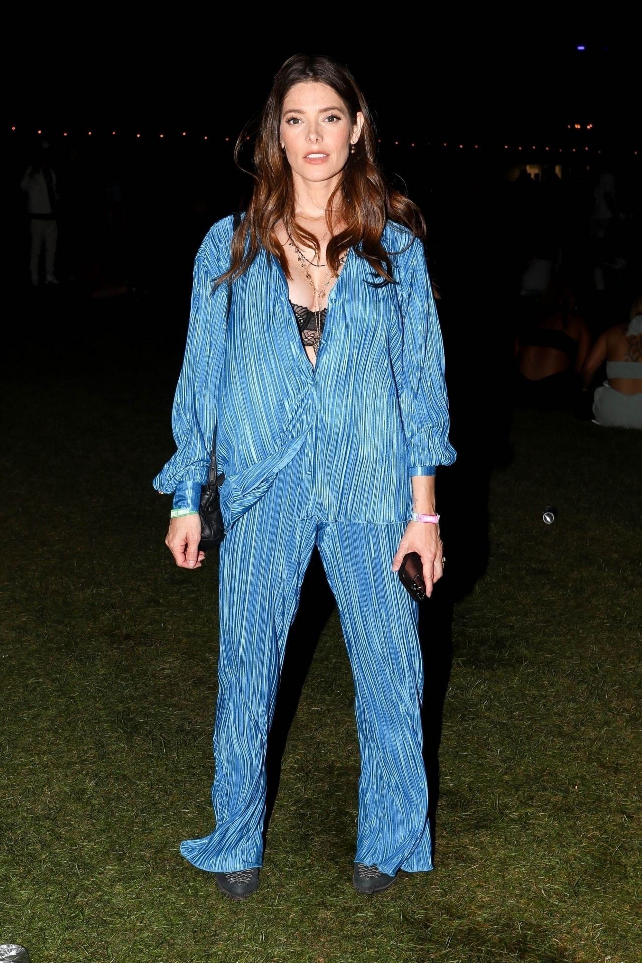 Ashley Greene  In Blue  Baggy Shirt Under Bralette With Pants At Coachella Valley Music and Arts Festival in Indio
