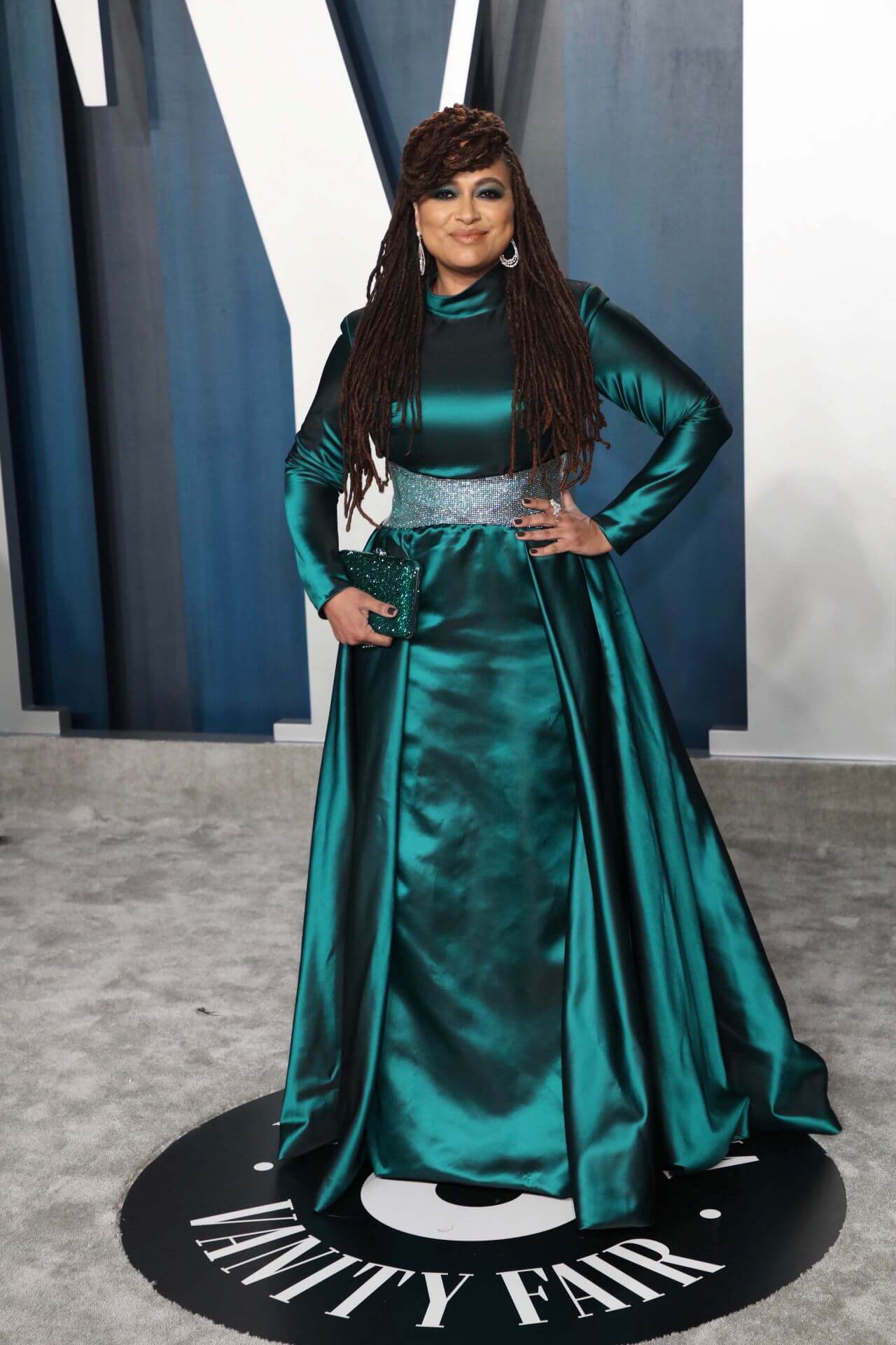 Ava DuVernay  In Shiny Bottle Green Long Flare Gown At Vanity Fair Oscar Party