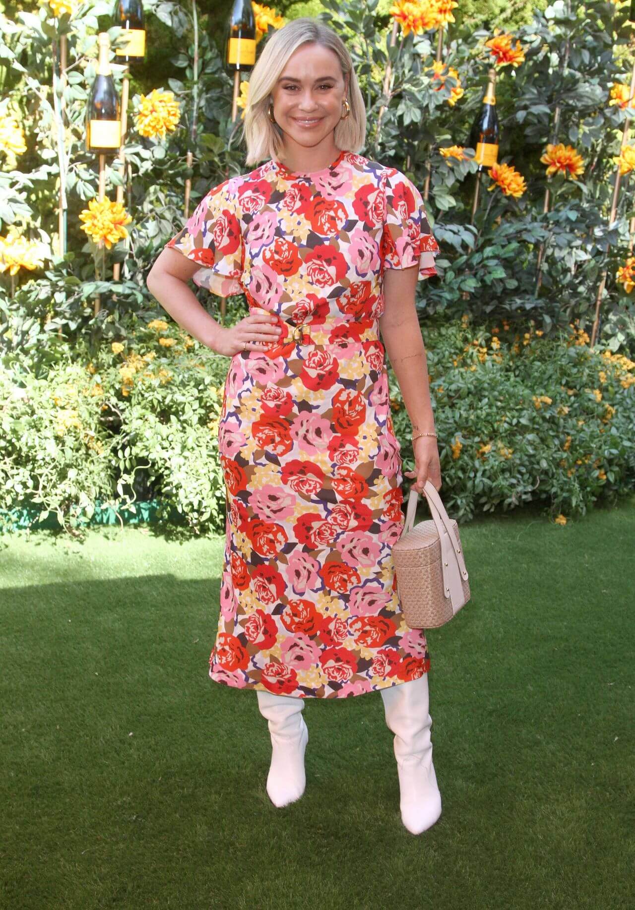 Becca Tobin  In Floral Printed Flare Sleeves Long Dress At Veuve Clicquot Polo Classic in LA