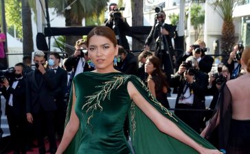Blanca Blanco In Bottle Green Shimmery Embroidery With Draping Style Long Dress