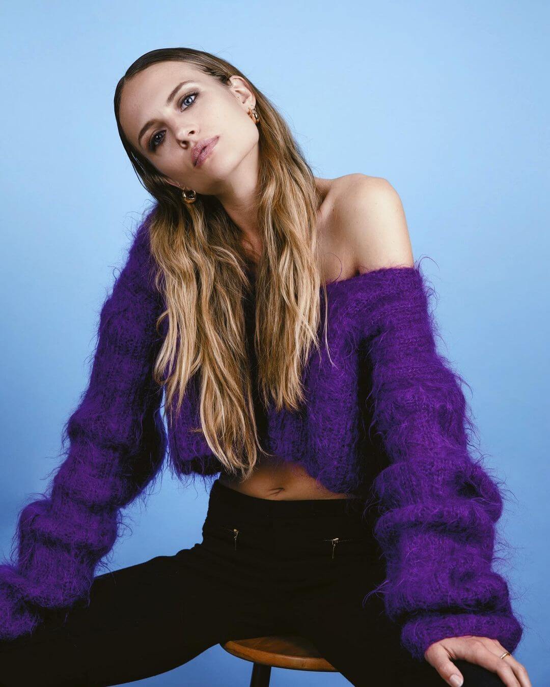 Madison Riley Adoring In Purple Off-Shoulder Woolen  Crop Top With Black Pants