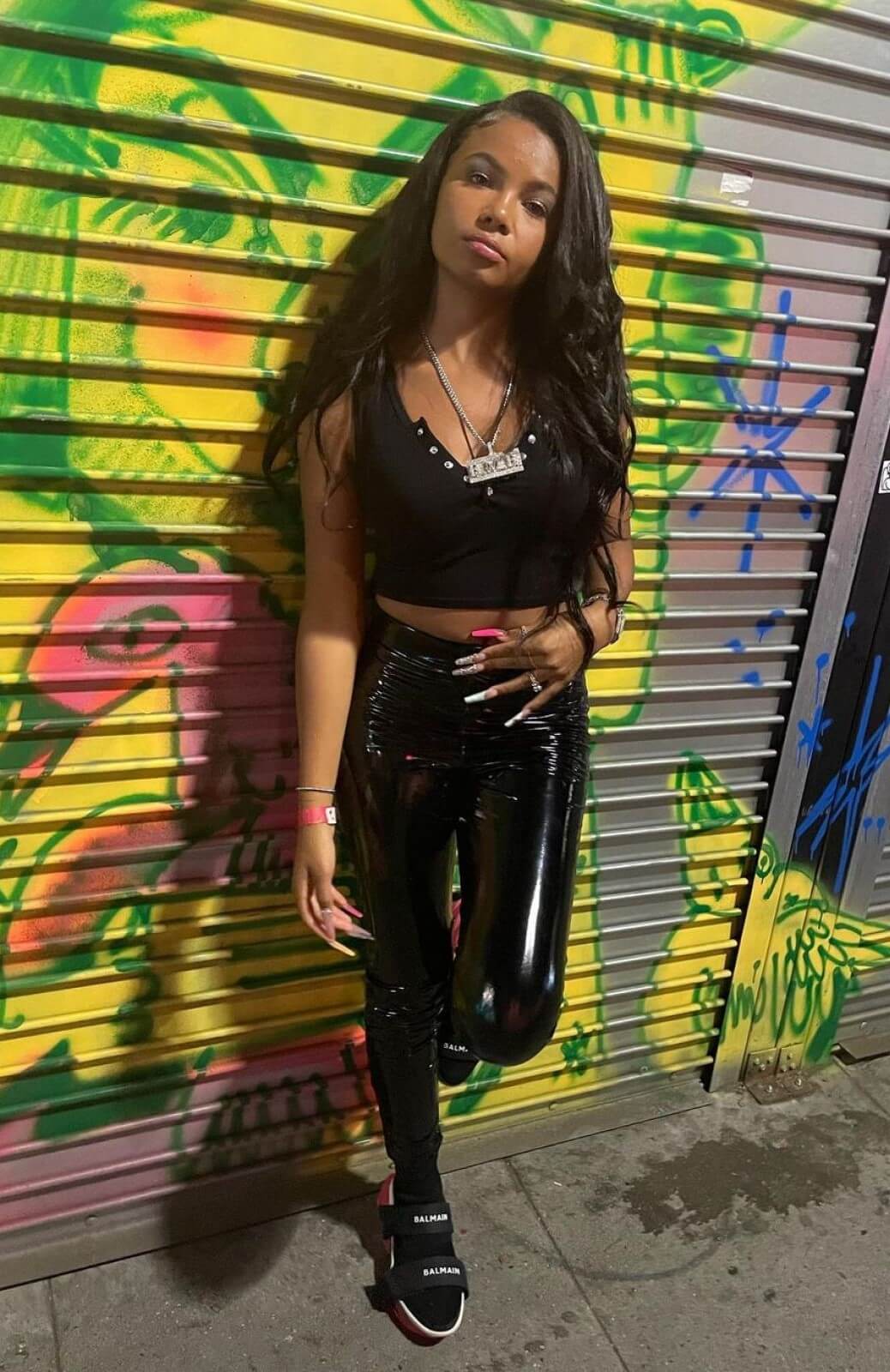 Brooklyn Queen In Black Crop Top With Shiny Leather Pants