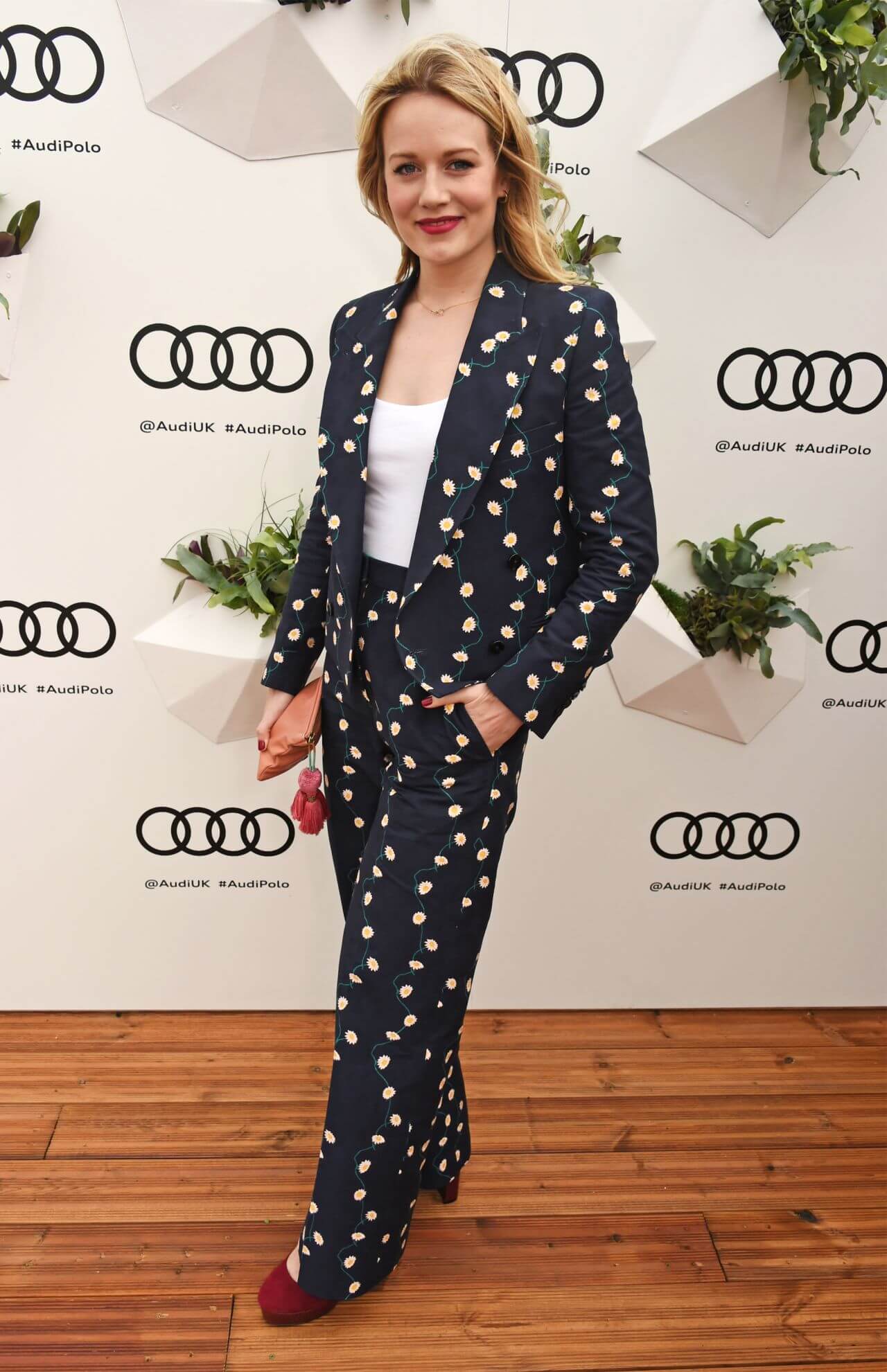 Cara Theobold  In Floral Design Blazer Under A White Top & Pants At Audi Polo Challenge Ascot, UK
