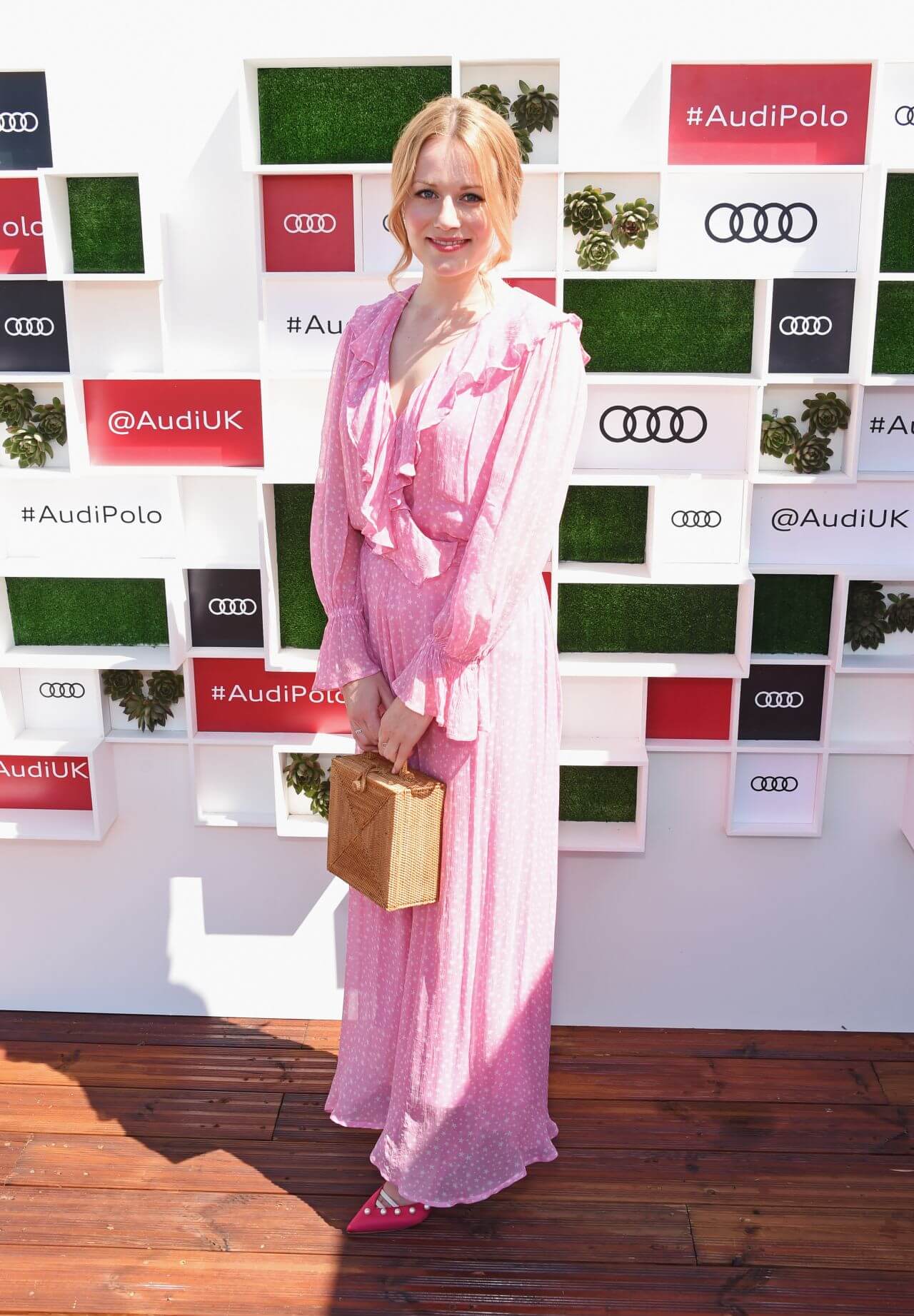 Cara Theobold  In Pink Printed Full Sleeves Long Ruffle Dress At Audi Polo Challenge in Ascot