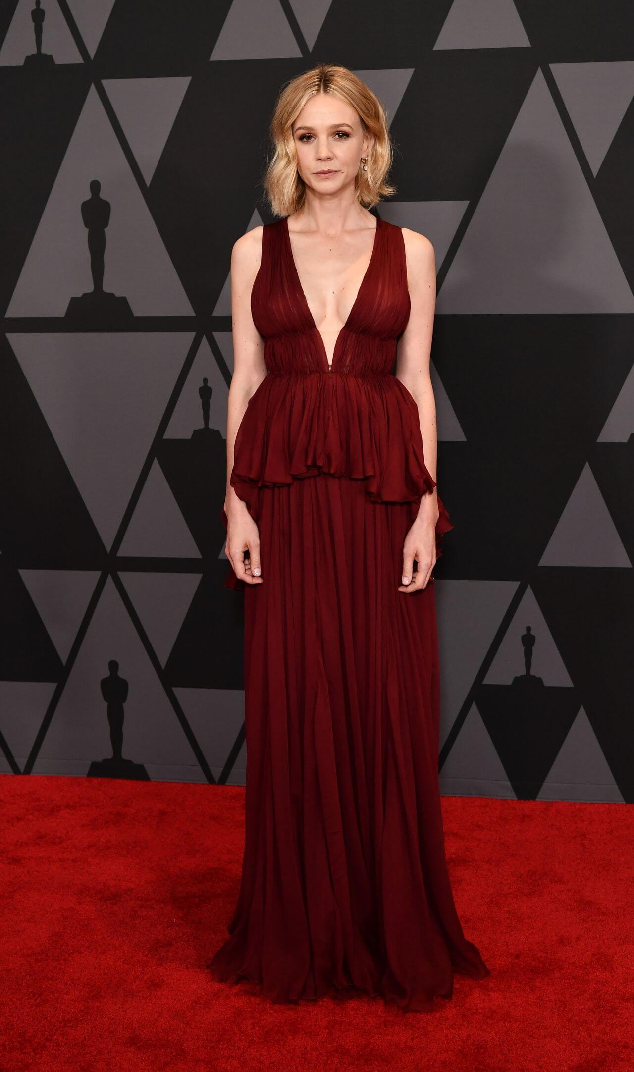 Carey Mulligan In Maroon Deep V Neckline Long Ruffle Dress At  Governors Awards in Hollywood