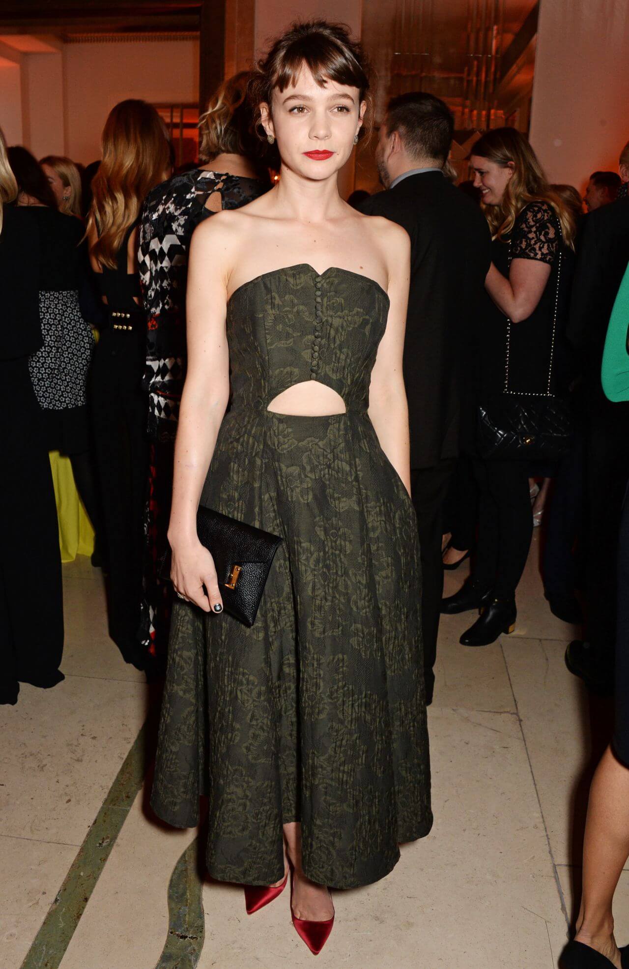 Carey Mulligan  In Olive Green Printed Strapless Cut-Out Flare Gown Dress