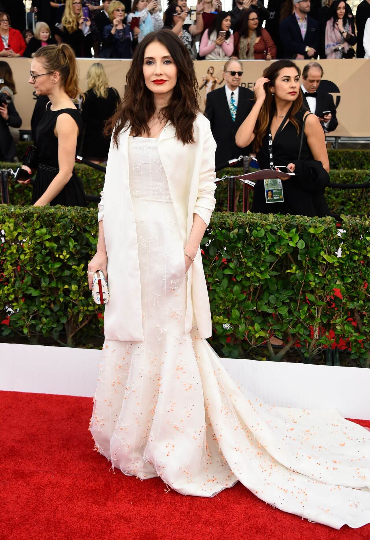 Carice van Houten In Off White Long Coat With Floral Embroidery Flare Gown Dress