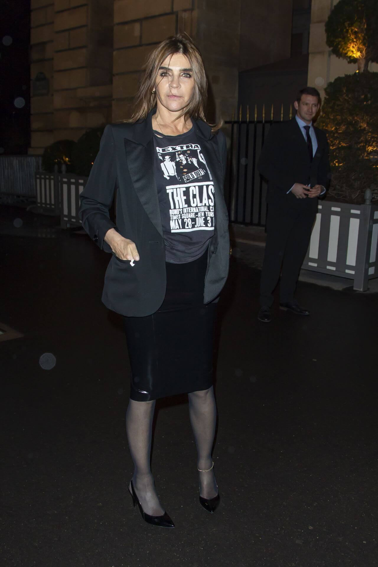 Carine Roitfeld In Black Blazer Under T-shirt With Short Skirt Arrives at the CR Fashion Book X Redemption Party in Paris