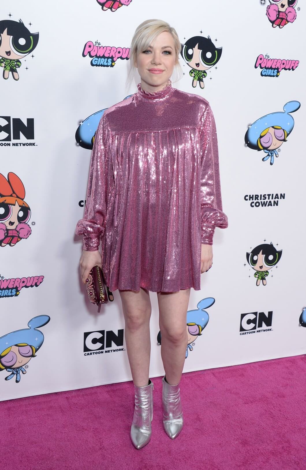 Carly Rae Jepsen  In Pink Shimmery Full Sleeves Short Dress At Christian Cowan x Powerpuff Girls Runway Show in Hollywood