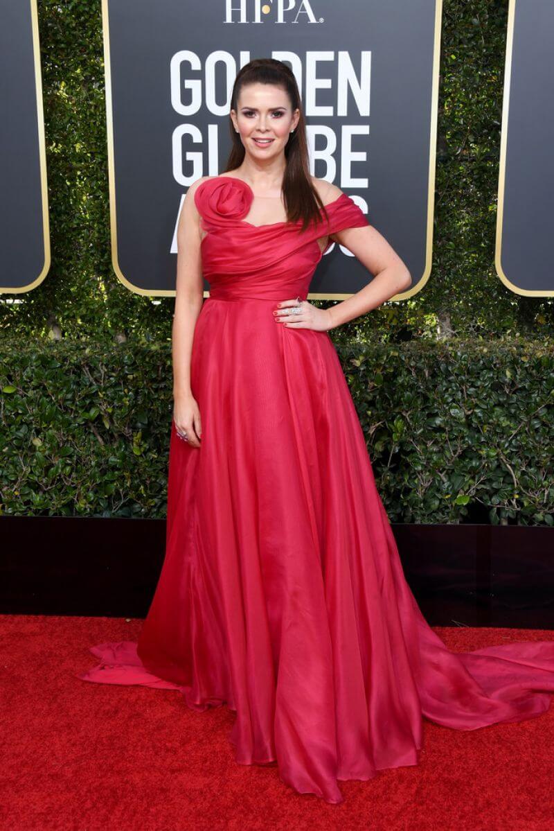 Carly Steel  In Red  Long Flare Gown Dress At Golden Globe Awards Red Carpet