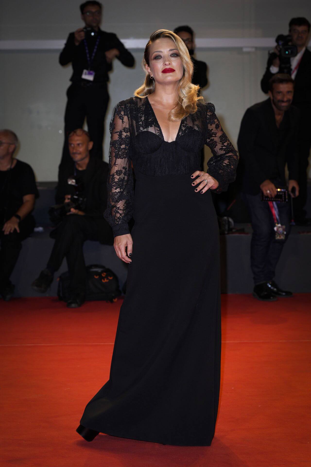 Carolina Crescentini  Stunning Looks In Black Net Lace Design Full Sleeves Long Dress