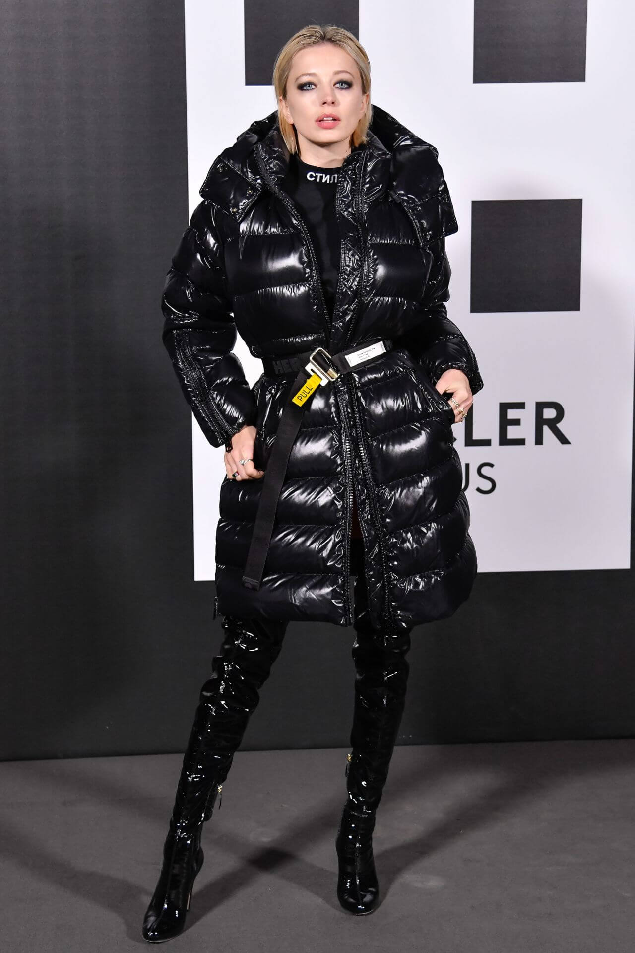 Caroline Vreeland  Good Looks In Shiny Black Long Bomber Jacket Outfit