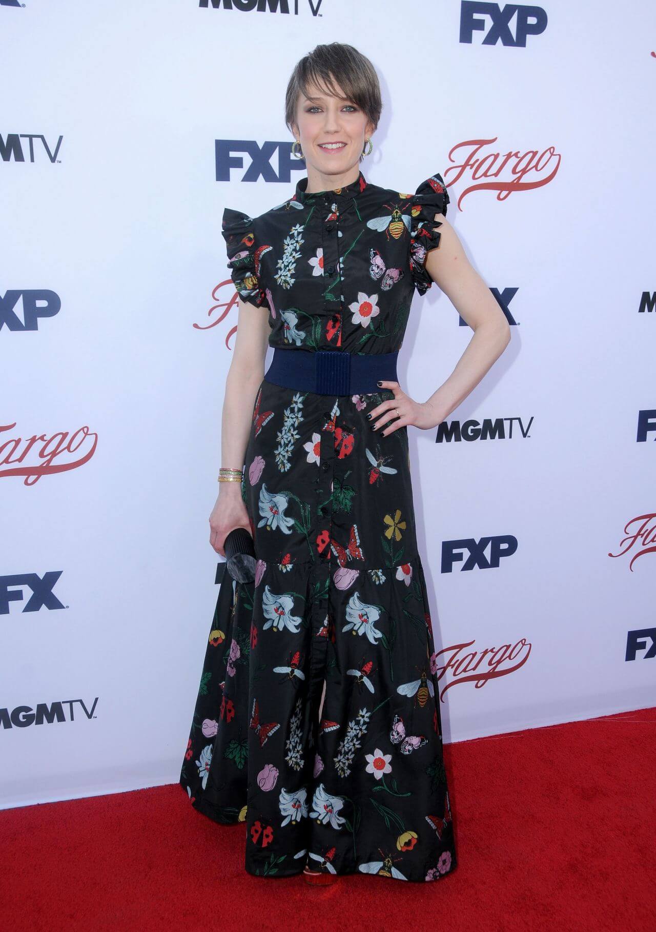 Carrie Coon  In Black Multicolor Floral Print Ruffle Sleeves Long Maxi Dress At “Fargo” TV Show FYC Event in LA