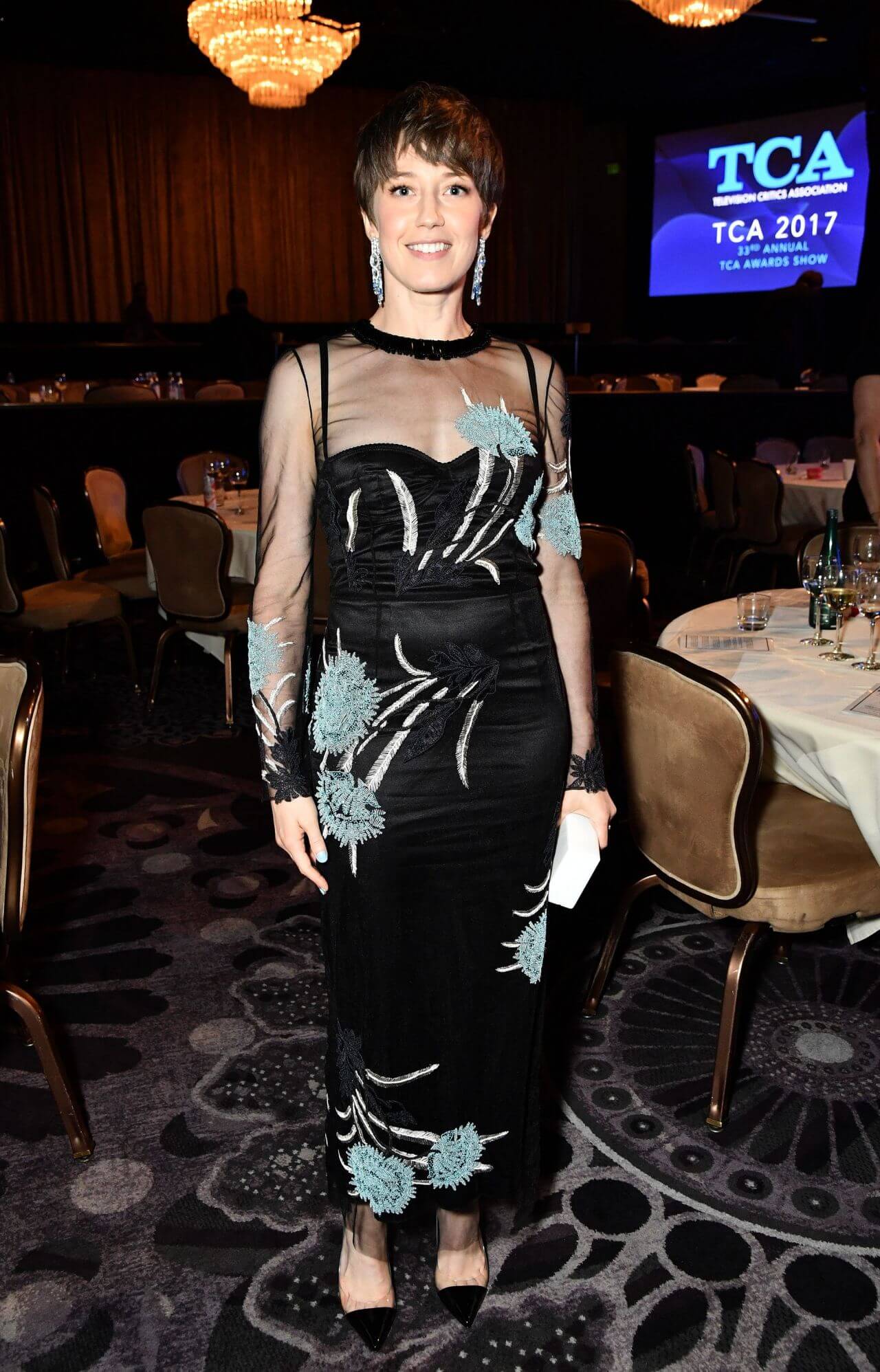 Carrie Coon  In Black Transparent Net Sleeves Embroidery Long Dress At TCA Awards  Summer Press Tour in LA