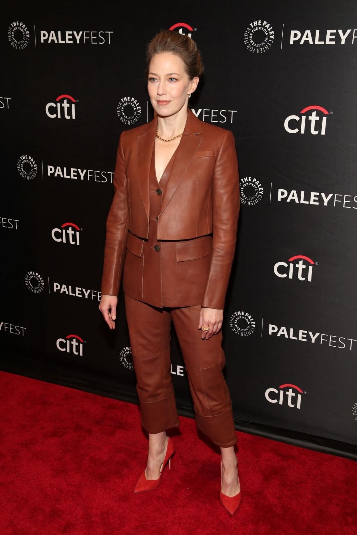 Carrie Coon  In Brown Leather Co-Ord set At “The Gilded Age” at PaleyFest NY in NYC